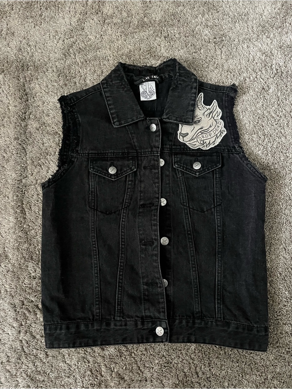 Drop Dead Punk Patch Denim Black Vest - Women Size X-Large